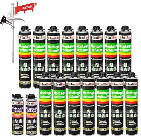 Isolbau Set de mousse expansive - Incl. 15 x 1K mousse de montage B2 pour pistolet avec une excellente isolation acoustique et thermique (chaque 750 ml), 2 x nettoyant pour mousse PU (500 ml) & 1 x
