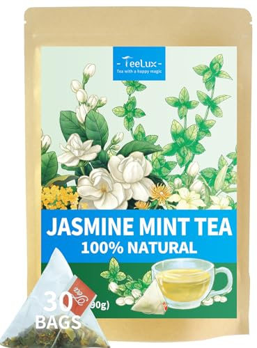 TeeLux Mint Jasmine Tea, 3g/bag, Mint with Jasmine, Lily, Osmanthus, Chrysanthemum, Fresh & Refreshing Flavor, Caffeine Free, 30 Count