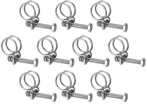 sourcing map 10Pcs Double Wire Hose Clamp, 21-25mm Adjustable Stainless Steel Wire Hose Clips with M8 Bolt for Dust Collection Hose, Pump Hose Pipe
