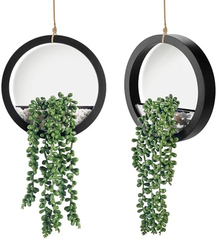 Der Rose 2 Pack Fake Plants Hanging Artificial Succulents Plants in Black Pots for Living Room Bathroom Accessories Boho Wall Decor