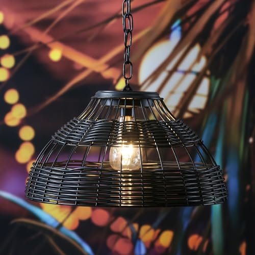 MARELIDA LED Solar Hängeleuchte - Lampenschirm in Korboptik - warmweiße LED - D: 37cm - Lichtsensor (Schwarz)