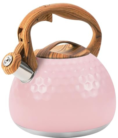 Foedo Whistling Tea Kettle,3.2Qt Stainless Steel Stove Kettle, Food Grade Teapot with Wood Pattern Handle for Coffee, Milk etc, Gas Electric Applicable (Pink)