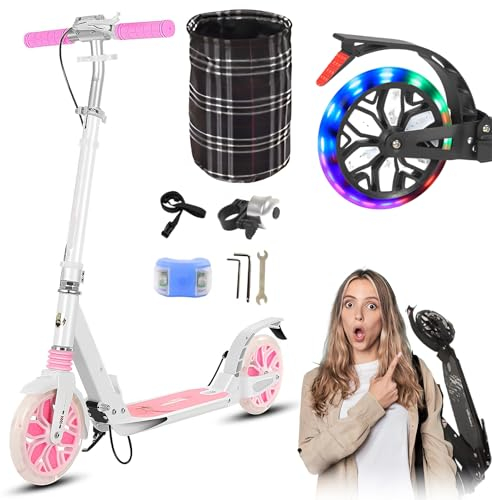 GHBXJX City Roller für Erwachsene klappbar LED 200mm Big Wheel Scooter, Cityroller mit Handbremse, Tretroller Kinder ab 8 Jahre Mädchen Jungen Teenager, Kickscooter Kinder Scooter,Rosa