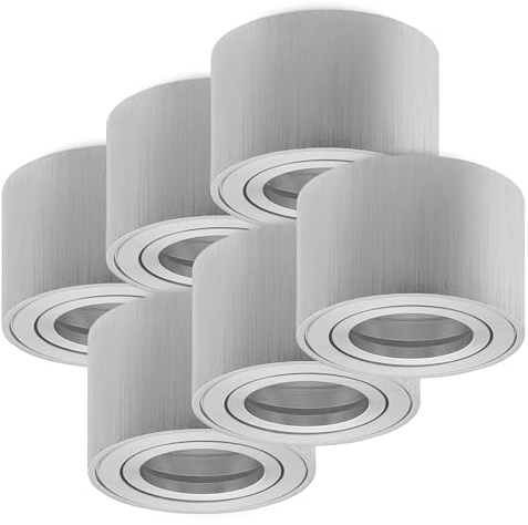 Oktaplex 6 Stück Aufbauleuchte Lile S für 230V LED-Module Aufbaustrahler | Aluminium gebürstet rund, LED-Aufbauspots, Direktanschluss 230V