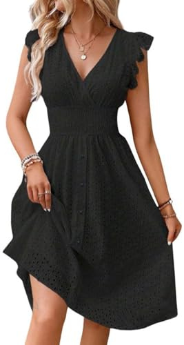Strandkleid Damen Elegant Einfarbig Spitze Hohl V-Ausschnitt Rüschen Kurze Ärmel Mini Kleid Tunika Blusekleid Bohemien Strand Freizeit Sommer Minikleid für