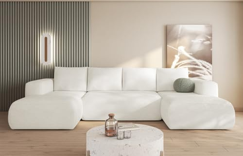 Easy4You Lambi Weiß Ecksofa U-Form 338 x 89 x 164 cm mit Schlaffunktion und Stauraum - Schlafsofa mit Bettkasten - Moderne Wohnzimmermöbel – Stoff: Boucle 01