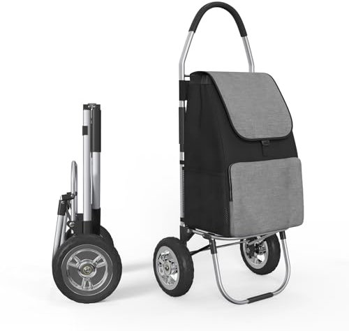 DROMEZ Einkaufstrolley Groß - 50L Leichte Einkaufswagen Klappbar aus Aluminium - 2 Extra Große Räder - Abnehmbare Tasche, 50kg Traglast, Shopping Trolley für Senioren, Camping, Schwarz & Gray