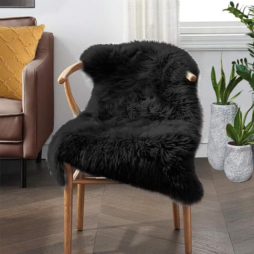JXLOULAN Faux lammskinn, fårskinn, matta, svart, 60 x 90 cm, mjuk fluffig matta, vardagsrumsdekoration, långhårig päls, lammskinnsimitation, matta för stolar, soffa, sovrum, barnrum