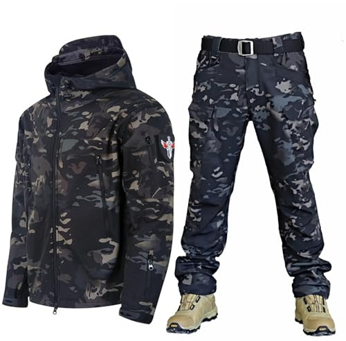 WENNEWU Camouflage a,M, Taktisches Jacken- Und Hosen Set Für Herren, Armee-Kampfuniform-Kleidung Anzug, wasserdichte Camouflage-Militär-Softshell-Anzüge, Leichte Angel- Und Jagdjacke