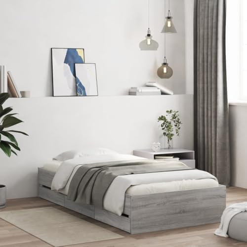 OHOOWOO Bettgestell mit Schubladen Grau Sonoma 90x190 cm Holzwerkstoff,Modernes Schubladenbett aus Holzwerkstoff Praktischer Stauraum für Dein Schlafzimmer