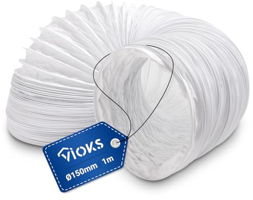 VIOKS Tuyau d'évacuation d'air pour sèche-linge - 1 m - Tuyau d'évacuation de 150 mm - Blanc - En PVC - Pour sèche-linge - Tuyau d'évacuation d'air de climatisation - Tuyau flexible pour systèmes de