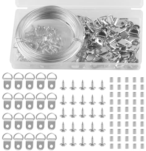 Filo metallico per appendere quadri, 30 m, resistente, per appendere quadri, cornici e specchi, 40 anelli a D per appendere foto, 50 anelli a crimpare e 40 viti