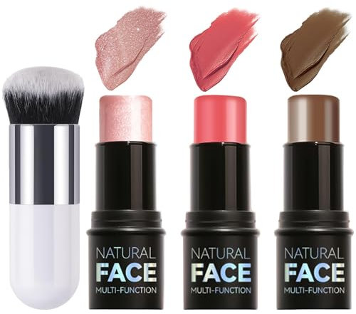 3 Pezzi Contouring Viso Stick, Contouring Viso Stick Blush Highlight con Pennello da Trucco, Contour Highlighter, Bronzer Blush, Lunga Tenuta, Impermeabile