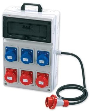 Quadro ASC portatile, 3KW 230V/9KW 400V, IP65, 3 prese 2P+T 16A e 3 prese 3P+T 16A, spina 3P+N+T 16A, con magnetotermico differenziale e pulsante di emergenza - Rosi 2281