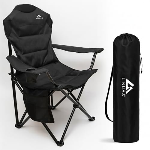 LINUMA Chaise Pliante de Luxe - Chaise de Camping Pliable - avec Porte-gobelet et Sac de Transport - Chaise de pêche, de Jardin, de Relaxation, de pêche - Noir - Pro