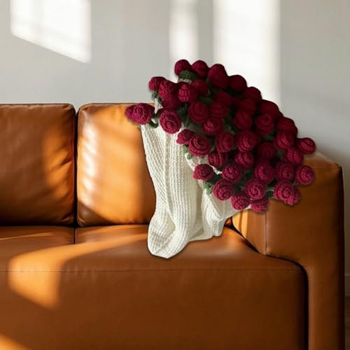 Manta gris para sofá, manta de ramo de flores de ganchillo hecha a mano, flores de ganchillo para el día, cumpleaños, hogar (rosa roja, 43 pulgadas) manta grande para sofá (A, talla única)