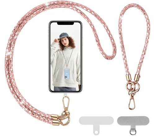 tookala Catena per cellulare universale con strass e strass, lunga e corta, con 2 cuscinetti universali, Oro rosa, Taglia unica