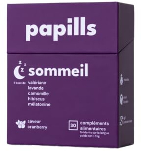 Papills Sommeil - Complément Alimentaire qui Fond sur la Langue - Mélatonine 1 mg, Valériane, Lavande et Camomille - Vegan, Sans Gélule ni Eau - Saveur Cranberry - 30 Bandes Orales.