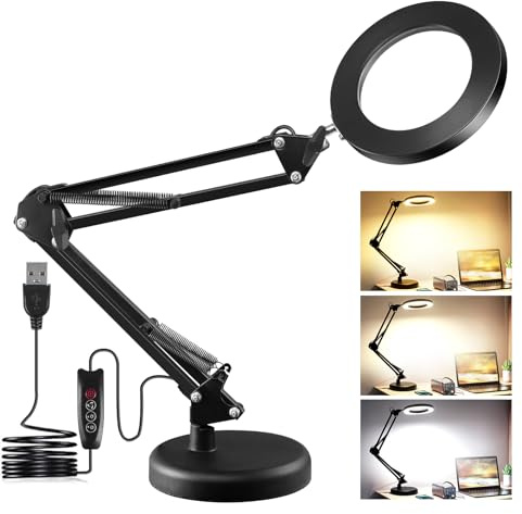 Viugreum Lupe mit Licht und Ständer, 10X LED Lupenleuchte mit Klemme, 3 Farbmodi Stufenlos Dimmbar 2-in-1 Schreibtischlampe, LED Lupenlampe, Lampe mit Lupe für Arbeit, Lesen, Nähen, Basteln, Senioren