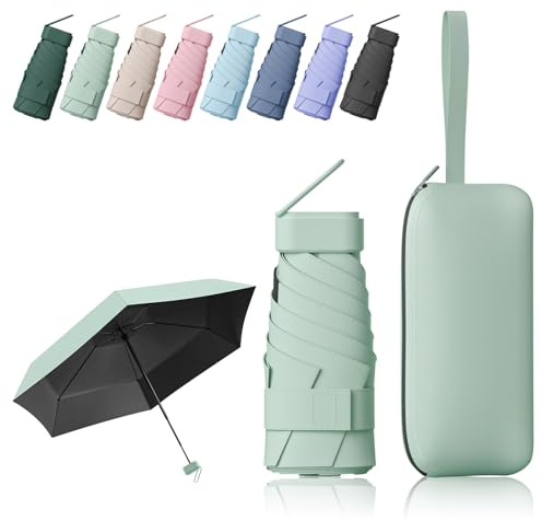 FESDMOH Ombrello Pieghevole, Ombrello pioggia, Ombrello Piccolo da Borsa, Ombrelli da Tasca, Ombrelli Ultraleggero Portatile, UPF>50+, da Sole/Pioggia (Verde)