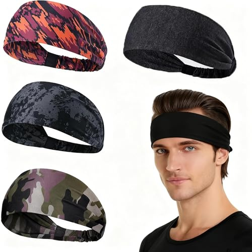 4 Pcs Stirnband Damen Herren, Sport Haarbänder Schweißband Elastisch, Schweißband Stirn, rutschfest Haarband, Männer Laufstirnband für Fitness Laufen Basketball