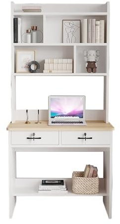 Escritorio de madera maciza con estantería, mesa de trabajo moderna para oficina en casa, 85 x 50 x 185 cm, color blanco y nogal, elegante solución de almacenamiento para dormitorio y estudio