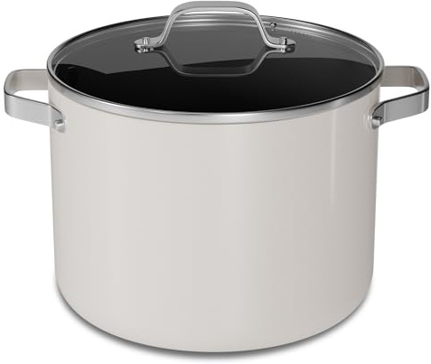 Bakken 12.5 Quart Ceramic Coated Stock Pot with Lid, Easy Clean Nonstick Pot, Tempered Glass Lid, Riveted Stainless Steel Handles, Oven Safe Up To 500°F, PTFE & PFAS Free, All Stove Compatible, Cream