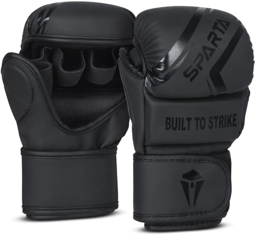 SPARTA Matte Black MMA Gloves – PU Leather Grappling & Sparring Gloves for Men | Hybrid Training Gloves for Kickboxing & UFC | Open Palm Design with Wrist Support & Shock Absorbing Foam