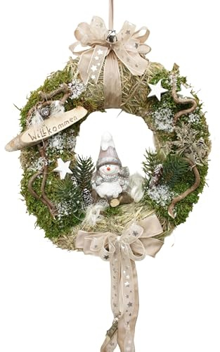 Türkranz Schneemann D28 cm Farbe Taupe Natur Weihnachten | Weihnachtskranz, für Tür und Wand, Handgefertigt in Deutschland, Mit Schleife und Willkommen-Schild