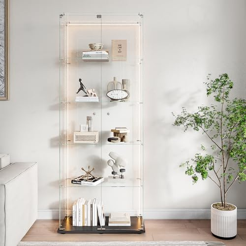 Vitrinskåp med LED, vitrinskåp med 5 lager glas-vitrinskåp, stående med 2 dörrar och lås, vitrinskåp, glasskåp, displaysamlarvitrinskåp för vardagsrum, kontor (svart, med LED-remsor)