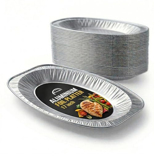 CaterCo 17 Aluminium Foil Platters 20 Pack | Reusable Silver Serving Trays for Food | Catering, Buffet, Sandwiches, Party & Takeaway Platters | 17 inch 20 Pack