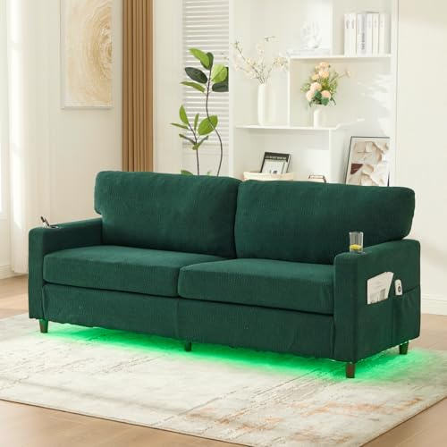 ZHOMGG - Sofá pequeño de 2 plazas con reposabrazos, sillón de 2 plazas con LED ambiental, USB-C, portavasos, bolsillos laterales, para sala de estar, oficina, 203 × 77,5 x 86 cm (verde)