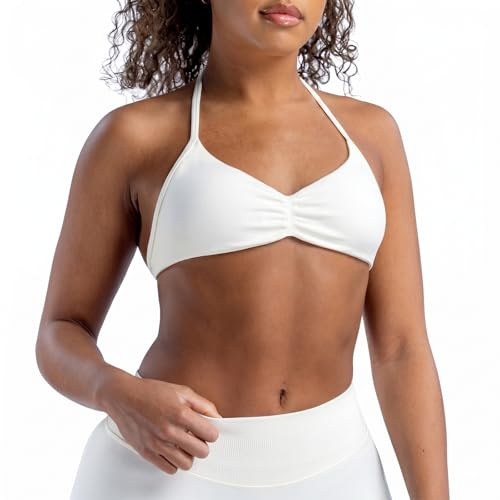 GEEKPC Navy Blue Halterneck Sports Bra with Ruched Front - Breathable Moisture-Wicking Quick-Dry Fabric for Gym Yoga Pilates and Everyday Wear, Soft Elastic Support with Removable Padding, Deep