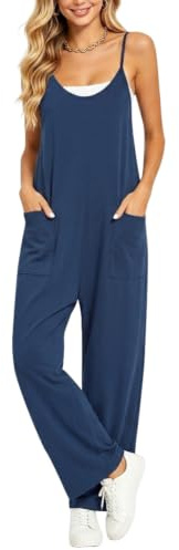 Aomig Mono Mujer Verano, Overol Holgado de Verano Ajustable con 2 Bolsillos Grandes, Largo Sin Mangas Cuello en V Elegante Peto, Largo Bolsillo Color Sólido Mono, M (Azul Marino)