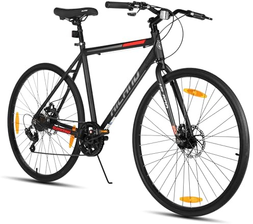HILAND Vélo Trekking 28 Pouces Homme Femme, Transmission 7 Vitesses, Cadre Aluminium 53 cm/57 cm, Freins à Disque Mécaniques, Vélo Hybride pour Ville, Loisirs et Randonnée