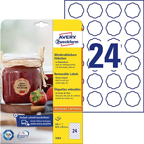 AVERY Zweckform Marmeladenetiketten Art. 5084 (240 Aufkleber ablösbar, 40,8x40,3mm auf A4, Blumenform, für Einmachgläser, Gebäcktüten, Geschenke, Selbstgemachtes aus der Küche) 10 Blatt weiß