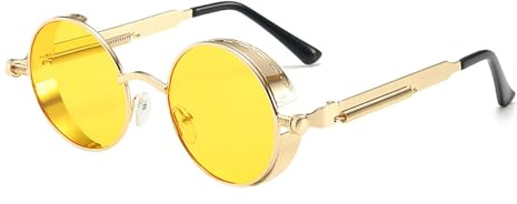 BOZEVON Punk Runde Sonnenbrille - Klassische Metall Radfahren Retro Sonnenbrille für Damen & Herren Gold-Transparent Gelb