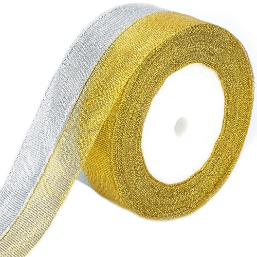 G2PLUS 2PCS Ruban en Organza D'or et Argent: 20mm x 22m Ruban de Noël Glitter pour Déco Mariage Noël Arbre fête d'annversaire