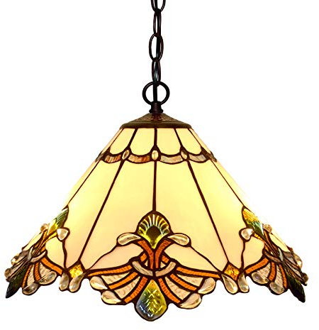 HT Tiffany Style Hanging Lighting 13 Inch Wide White Sermon Stained Glass Lampshade 1-Light Iron Chain Traditional Handmade Chandelier Ceiling Pendant Decor for Kitchen Bedroom Living Room Terrace Bar