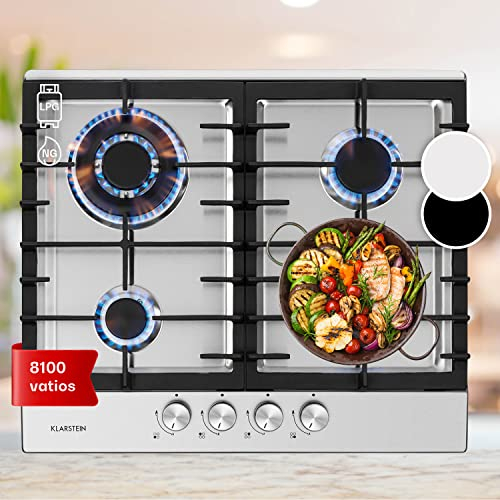 Klarstein Cocina de gas, 4 fuegos, hornillo de gas empotrable para casa y autocaravana, estufa de gas de acero inoxidable para gas propano y natural, placa de gas con quemador wok, cocina de gas de