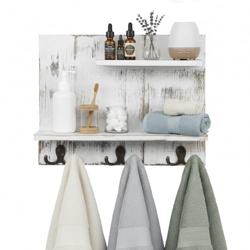 MyGift 2 Tier Wall Mounted Shabby White Washed Solid Wood Bathroom Storage Shelves, Decorative Entryway Floating Shelf Rack with 6 Hooks for Hanging Towels