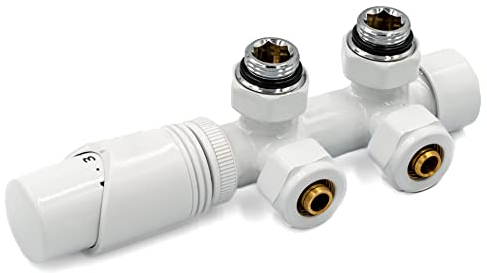 Multiblock Set für Heizkörpe - Hahnblock Ventil Anschlussarmatur inkl. Thermotstat - Weiß