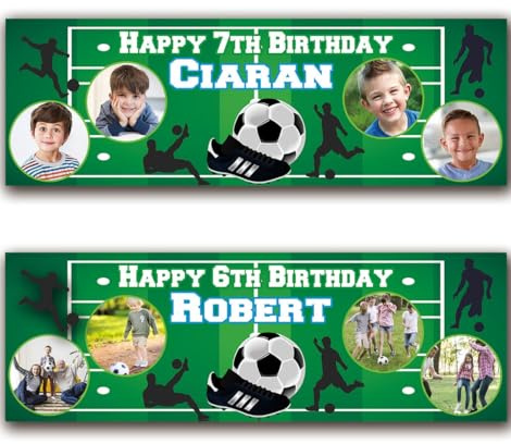 2 Personalisierte Happy Birthday Foto Banner Fußball Stadum Benutzerdefinierte Foto Name Alter Poster Kinder Kinder Junge Party Banner Geschenk Dekoration