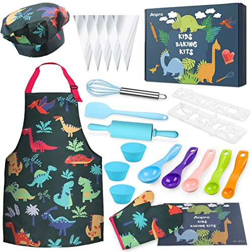 Anpro Kids Baking Set,28PCS Kids Cooking Set with Apron,Chef Hat,Toddler Cooking Set,Role-Plays Playset,Utensils Gift for 8-12 Years Children