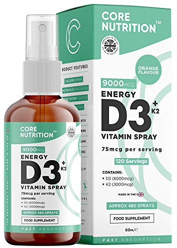 Core Vitamin D3 + K2 Spray | 2000iu (50mcg) Vitamin D3 + 25mcg Vitamin K2 (MK7) High Strength | 60ml for 120 Day Supply | 100% Vegan | Natural Orange Vitamin D Spray by Core Nutrition (Single Pack)