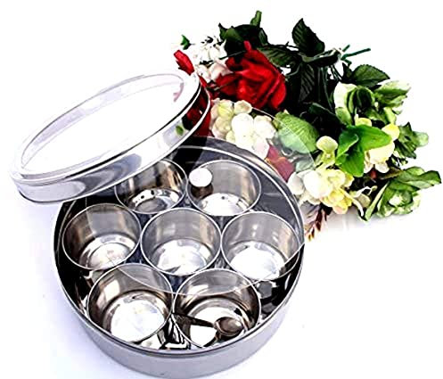 King International Stainless Steel Acrylic Spice Box with Spoon,Spice Organizer,Seasoning Containers,Indian Masala Dabba, 7 Spices Containers 20cm, Set of 9