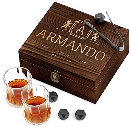 Maverton Set di Pietre da Whisky, in un cofanetto, incisione su misura | 8 cubetti di ghiaccio+2 bicchieri, riutilizzabili, in granito, Regalo per lui, reale