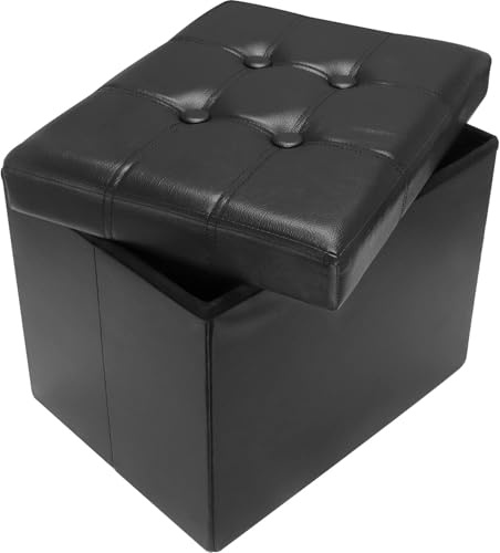 AmasSmile Storage Ottoman Folding Foot Rest Stool, Leather Footstool Bench, Short Ottoman Stool, Storage Foot Rest Store, Books (Black, 17 D x 13 W x 13 H)