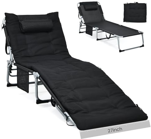 GYMAX Camping Cot, 27” Lounge Chair Outdoor w/Mattress, Headrest, Side Pocket & Carry Strap, 3 in 1 Folding Layout Tanning Lounger, Portable Sleeping Bed for Adults, Lawn, Beach (1, Black)