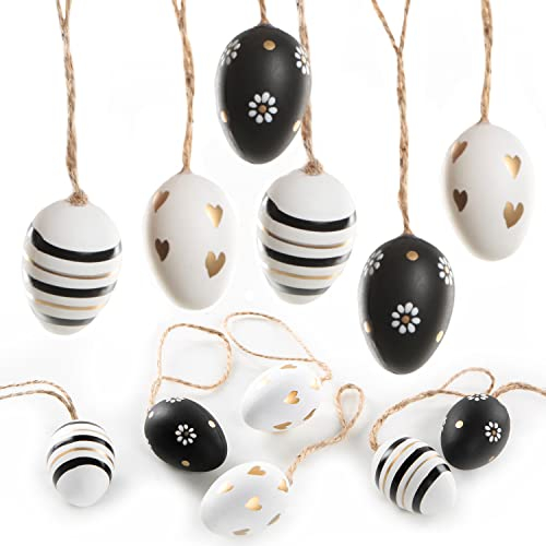 Logbuch-Verlag Ostereier zum Aufhängen, 12er Set: Osteranhänger aus Plastik, Osterdeko mit Schnur, Anhänger für Osterstrauch & Fenster, In Schwarz, Weiß und Gold mit Punkten, Blumen & Streifen, 4 cm